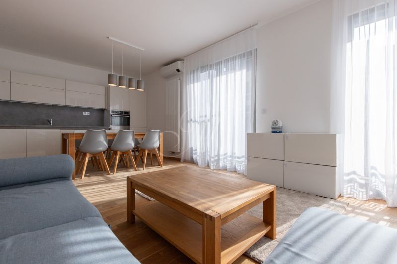 Interior of a 3-room apartment with a kitchen, wooden furniture, and a floor with a wooden decor.