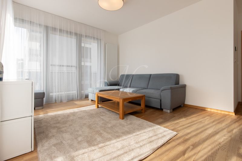 Living room in a 3-room apartment with a sofa, coffee table, and wooden decor flooring.