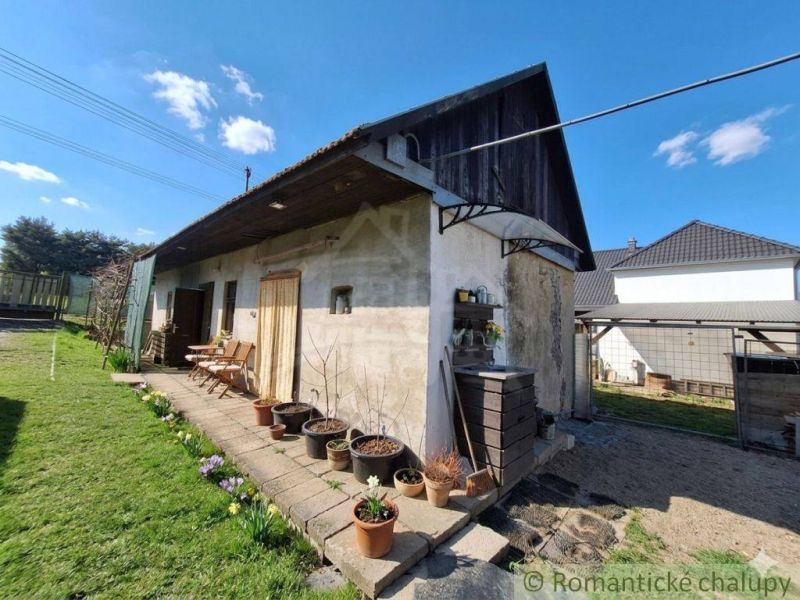 A family house in Stožok with a terrace, flower pots, and wooden cladding in the garden.