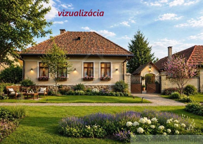 A cottage in Šahy with a flower garden, trees, and traditional architecture.