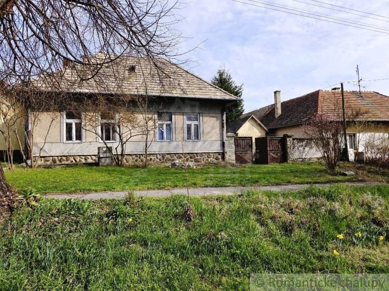 A cottage in Šahy surrounded by a lawn and trees, with an older roof.