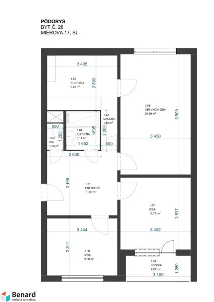 Floor plan of a 3-room apartment on Mierova Street in Stara Lubovna, apartment number 28.