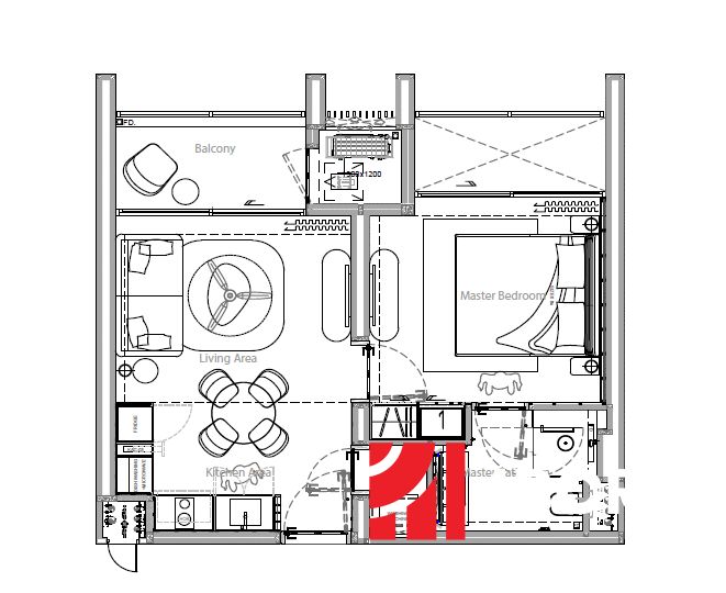 A plan of a 2-room apartment with a balcony, kitchen, and living area.