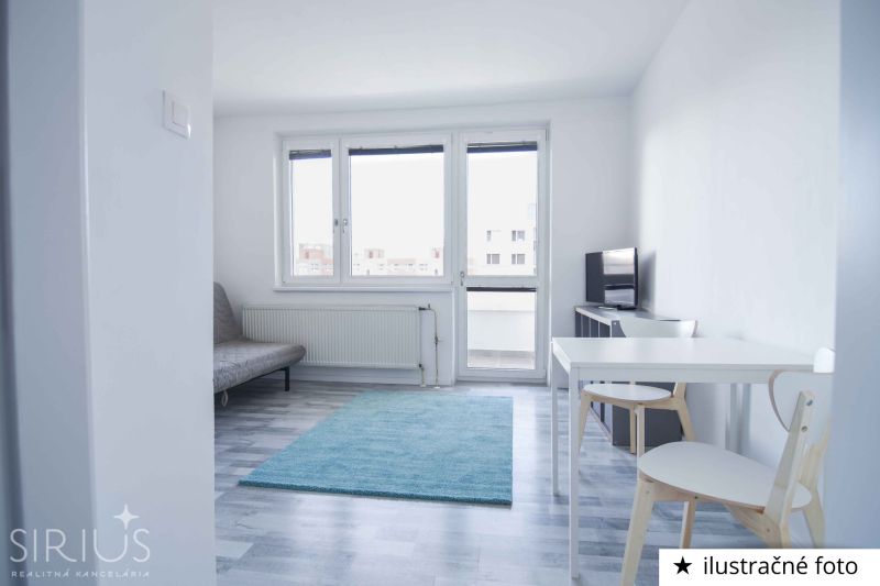 A studio apartment with a wood-patterned floor, a sofa, a table, and a television.