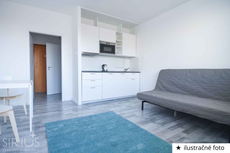 Studio apartment with a white kitchen unit, gray sofa, and wood-patterned flooring.