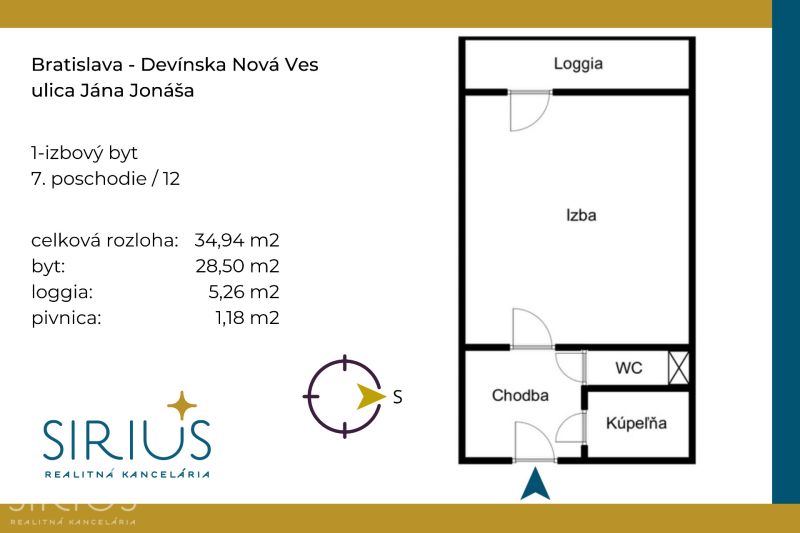 Floor plan of a studio apartment with a loggia on Jána Jonáša Street in the Bratislava - Devínska Nová Ves area.