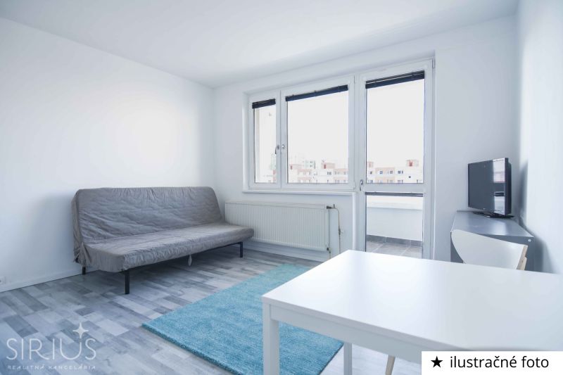 A living room in a studio apartment with a sofa, a table, and a wooden decor floor.