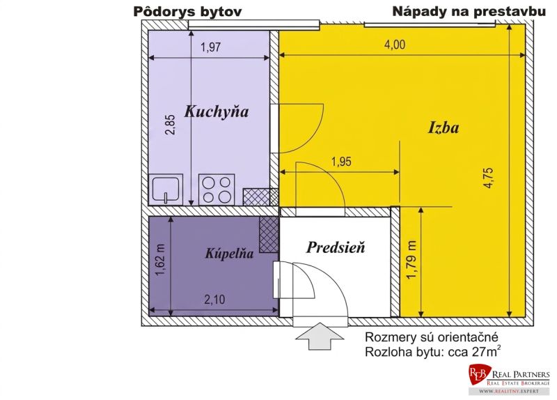 The floor plan shows the layout of rooms in a 1-bedroom apartment with a kitchen and bathroom.