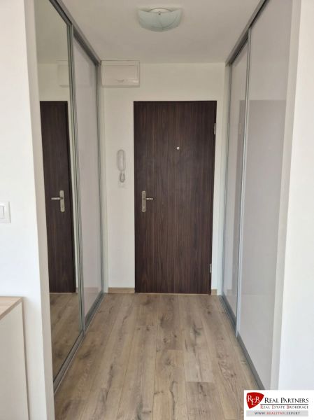 A hallway with a wooden decor floor and a built-in wardrobe in a studio apartment.
