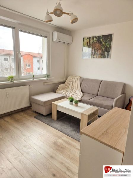 Living room in a one-bedroom apartment with a sofa, coffee table, and wooden decor flooring.