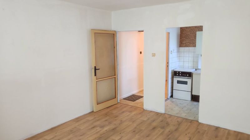 Interior of a 1-room apartment with a wooden decor floor and entrance to the kitchen.