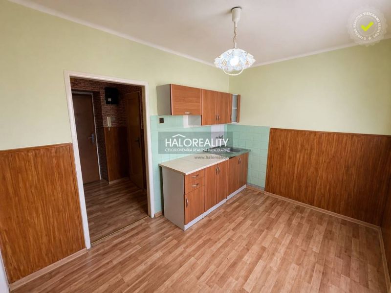 Kitchen area in a studio apartment with a wood-patterned floor and green walls.