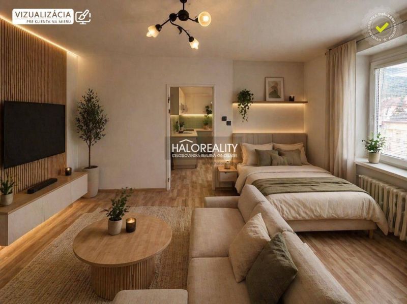 1-bedroom apartment with wood-patterned flooring, light, bed, sofa, decorations.