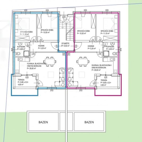 Floor plan of a 3-room apartment with a terrace, pool, and staircase in the center of the layout.