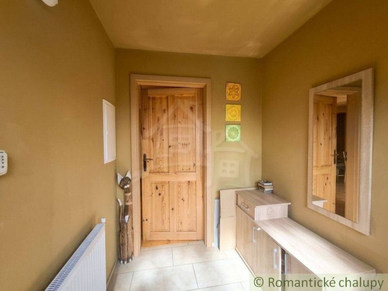 Entrance hallway of a family house with a mirror, wooden doors, and decorations.