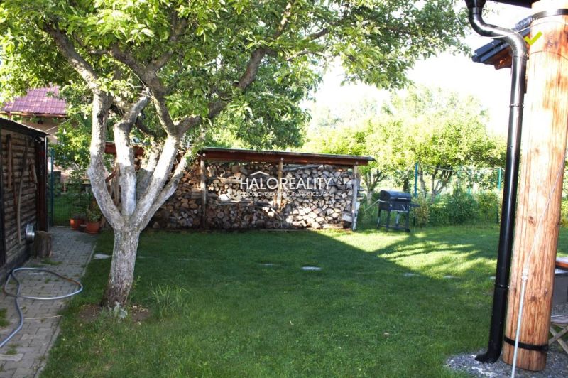 The garden of the cottage in Piešťany with a tree, firewood, and a grill on the lawn.