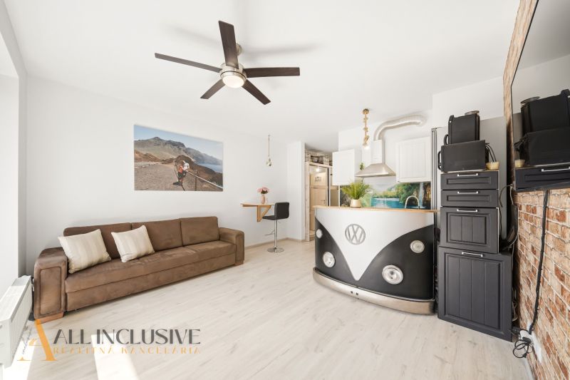 Living room in a 2-room apartment with a decorative kitchen counter and wood-patterned flooring.