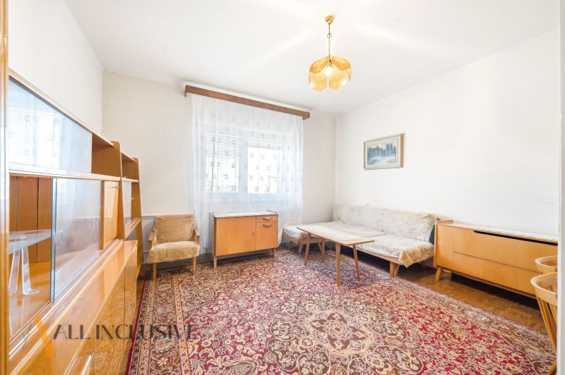 Living room of a family house with retro furniture, carpet, and wooden decor flooring.