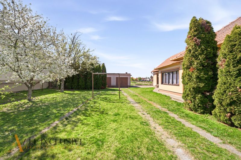 A family house in Vydrany, Dunajská Streda with a garden, flowers, and a garage in the background.