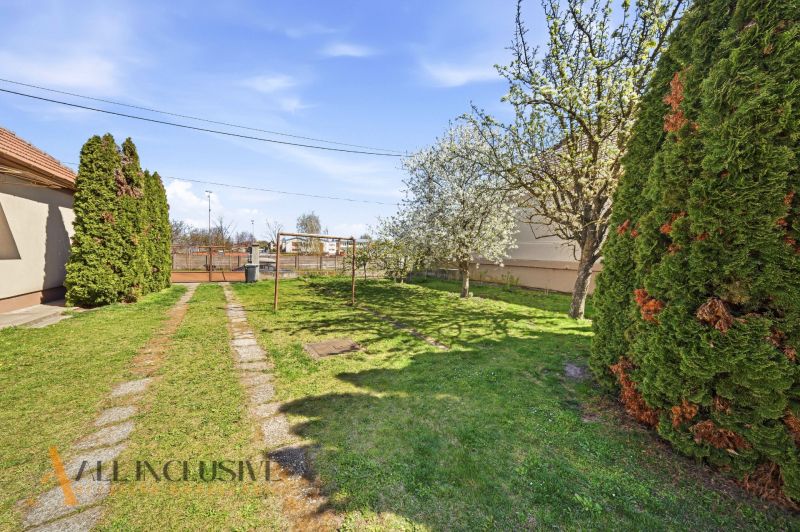 Family house in Vydrany, Dunajská Streda, garden with lawn, trees, and gravel path.