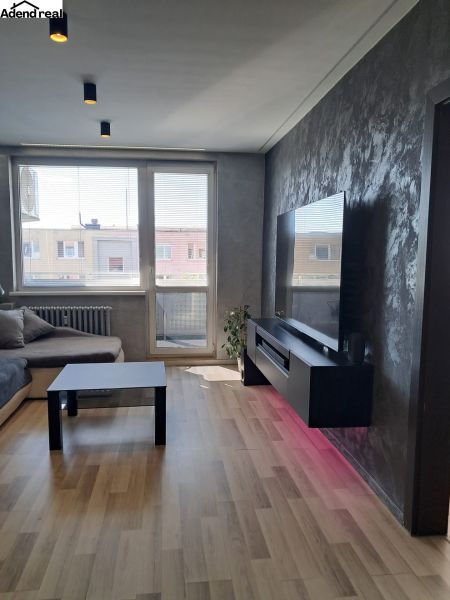 Living room in a two-room apartment with a wood-patterned floor and a large television.