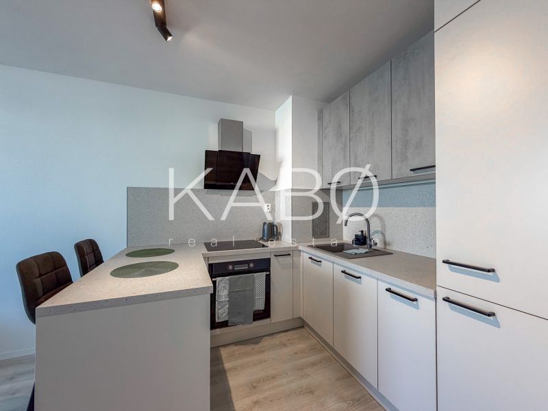 A bright kitchen in a 2-room apartment with modern appliances and a wooden decor floor.
