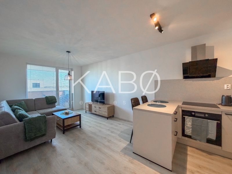 Living room with kitchen in a 2-room apartment with a wooden decor floor.