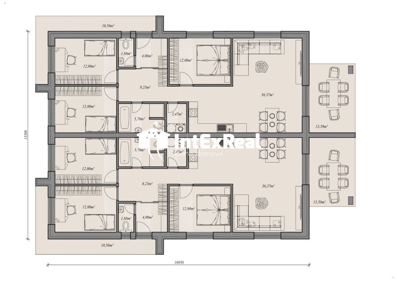 Floor plan of a family house with rooms, furniture, and dimensions, total width 16.95 m.