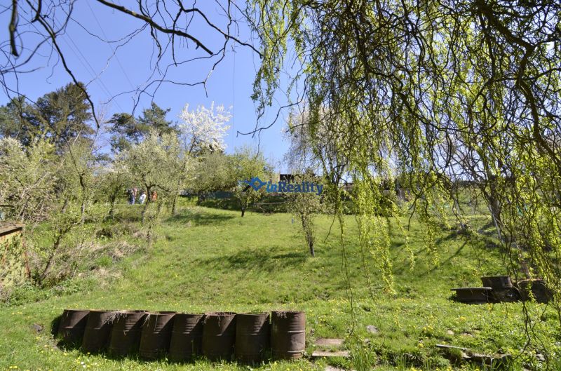 Gardens in Zvolen with blooming trees, a lawn, and people in the background.
