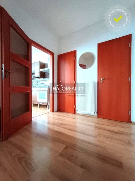 Entrance hall in a 2-room apartment, wooden decor flooring, red door.
