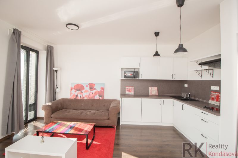 Living room with a kitchen, sofa, and colorful table in a studio apartment.