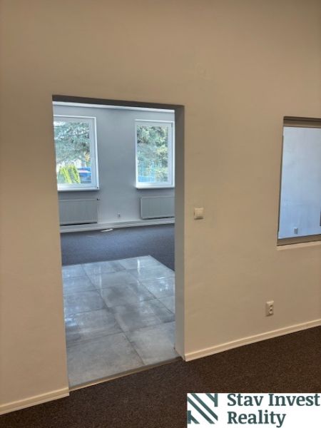 The interior of an office with carpet and tiles, pleasant light through the windows.