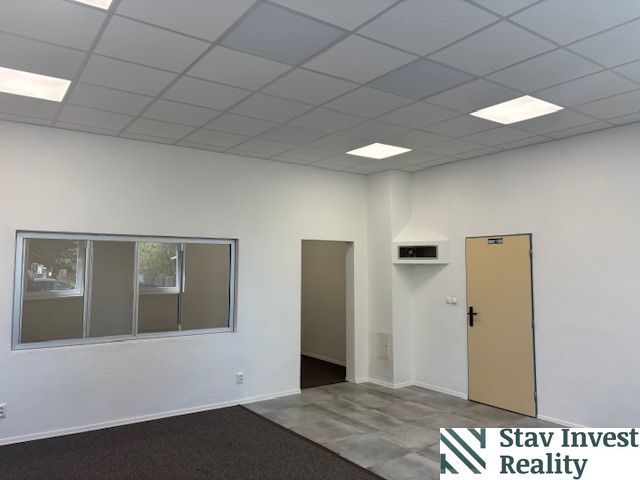 Office interior with wood-patterned flooring, white walls, and a window to the hallway.
