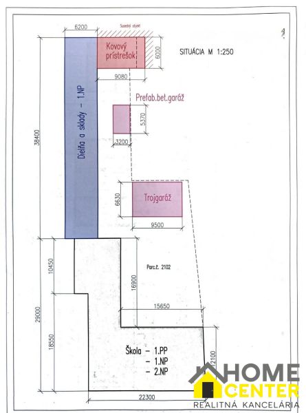 Plan of the situation of Special Properties in Komárno with buildings and shelters on the land.