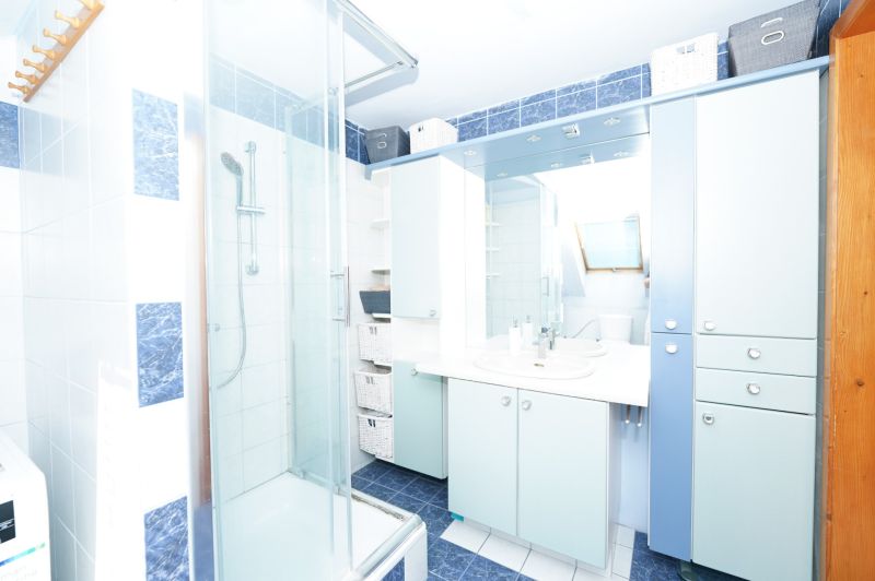 A bathroom in a family house with a glass shower enclosure, double sink, and blue tiles.