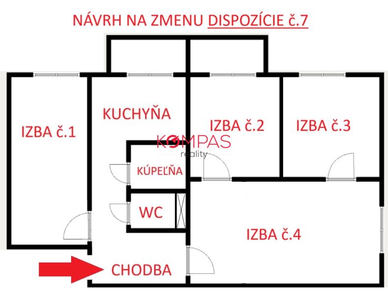Floor plan of a 3-room apartment with four rooms, a kitchen, a bathroom, and a toilet.