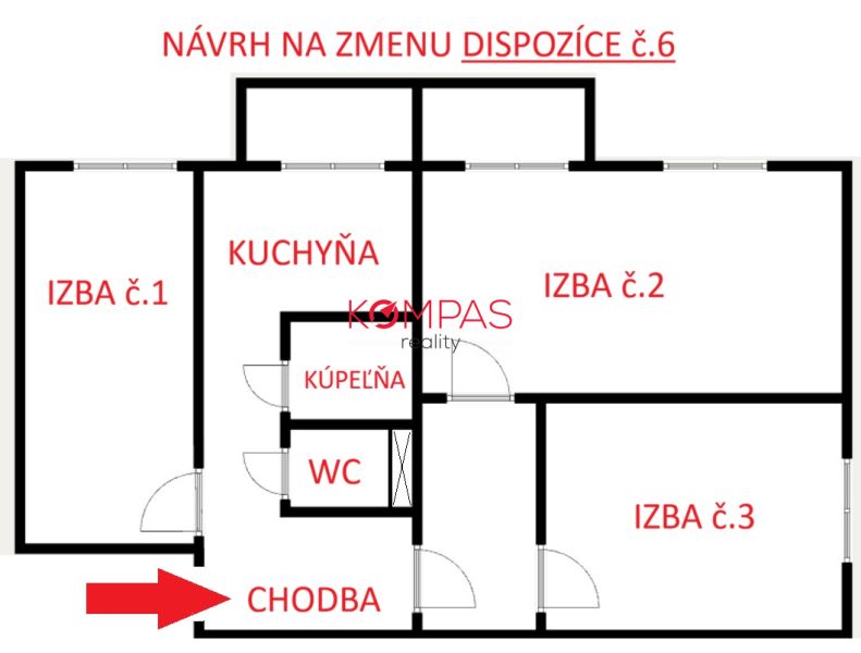 Floor plan proposal for a layout change of a 3-room apartment with a kitchen and a bathroom.