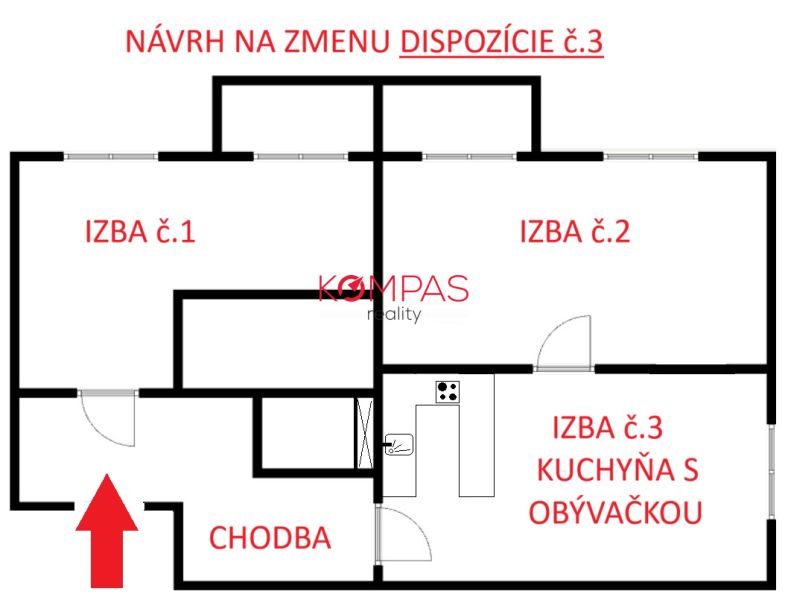 Proposal for changing the layout of a 3-room apartment with a combined kitchen and living room.
