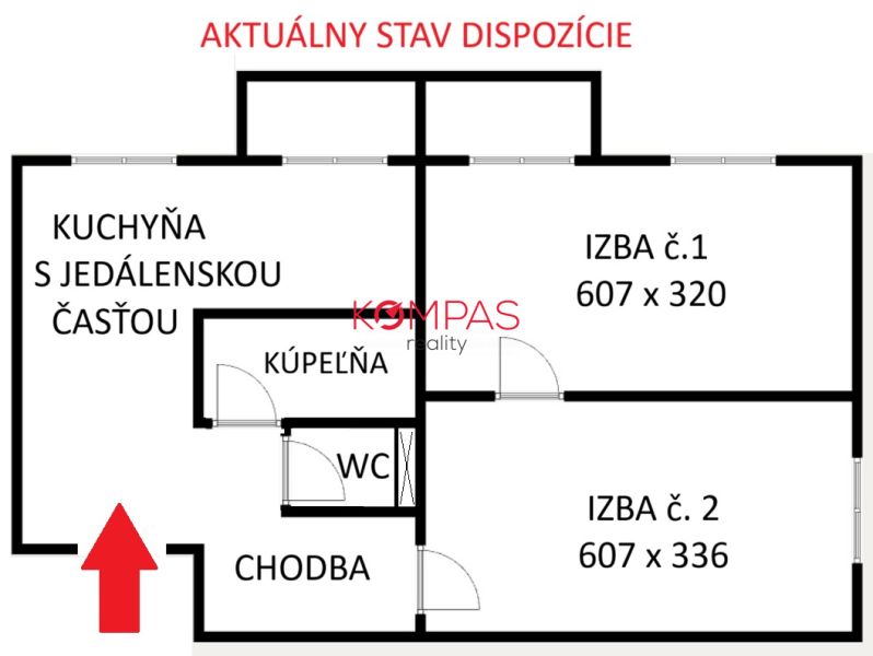 Floor plan of a 3-room apartment with a kitchen, bathroom, and separate toilet.