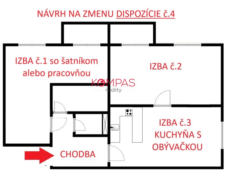 Floor plan of a proposed layout change for a 3-room apartment with a room, wardrobe, and hallway.