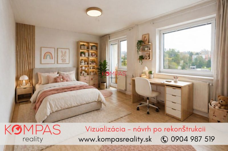 A bright bedroom with a bed, a desk, and a wooden-decor floor in a two-room apartment.