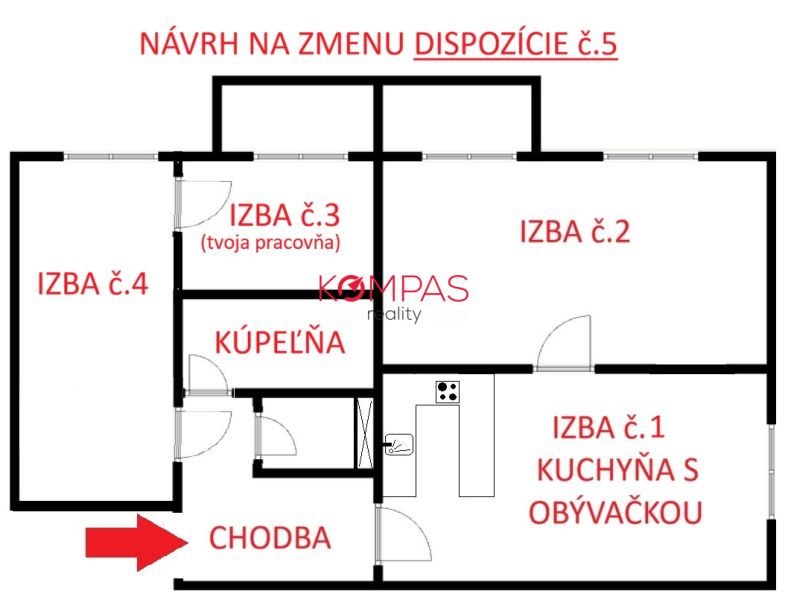 Floor plan of a modified layout of a 3-room apartment with a study.