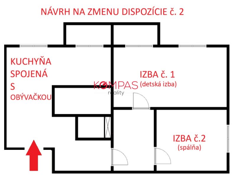 Layout proposal for a 3-room apartment: kitchen with living room, children's room, bedroom.
