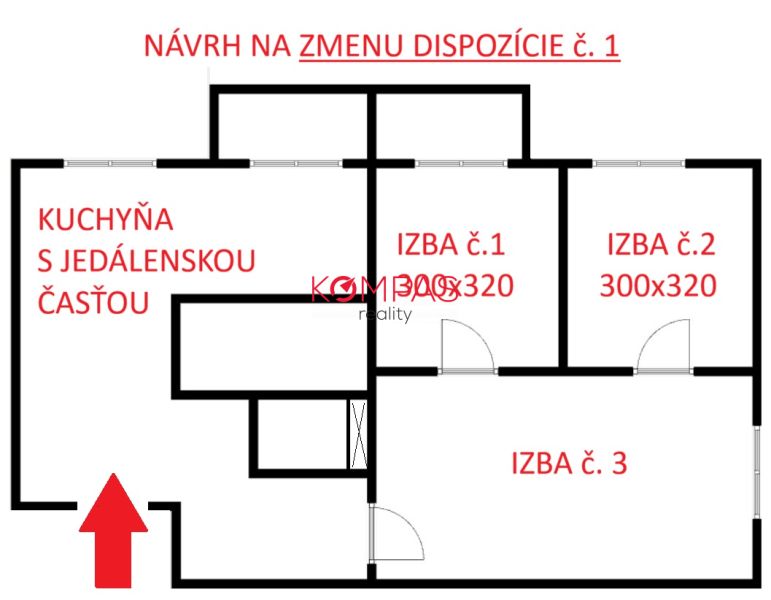 Layout proposal of a 3-room apartment with an emphasized kitchen and dining area.