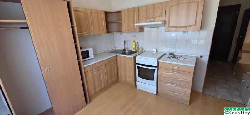 A kitchen with a countertop, stove, microwave, and wooden decor flooring in a studio apartment.