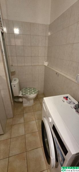 Bathroom with toilet and washing machine in a studio apartment.