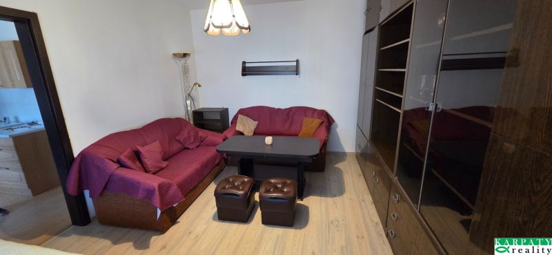 Living room in a studio apartment with a sofa, table, and wood-patterned flooring.
