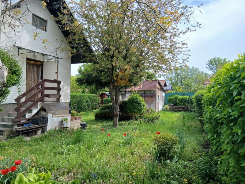 The garden on Havran Street in Hamuliakovo with flowers and a wooden house.
