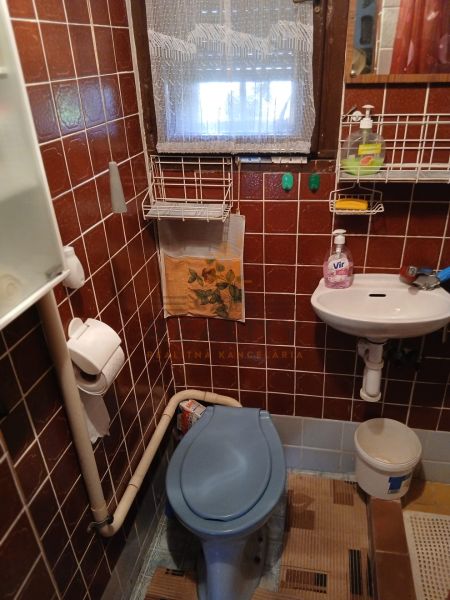 Retro bathroom with toilet and sink, tiles with Garden-style accessories.