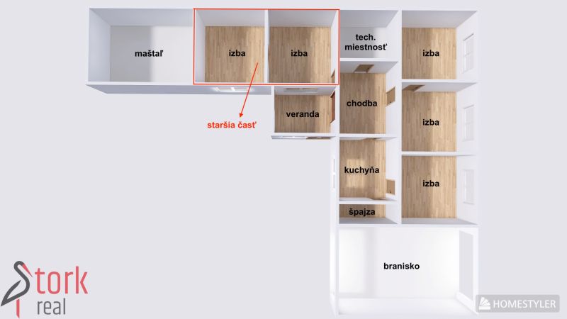 The floor plan of the family house in Horná Súča shows the rooms and the utility room.